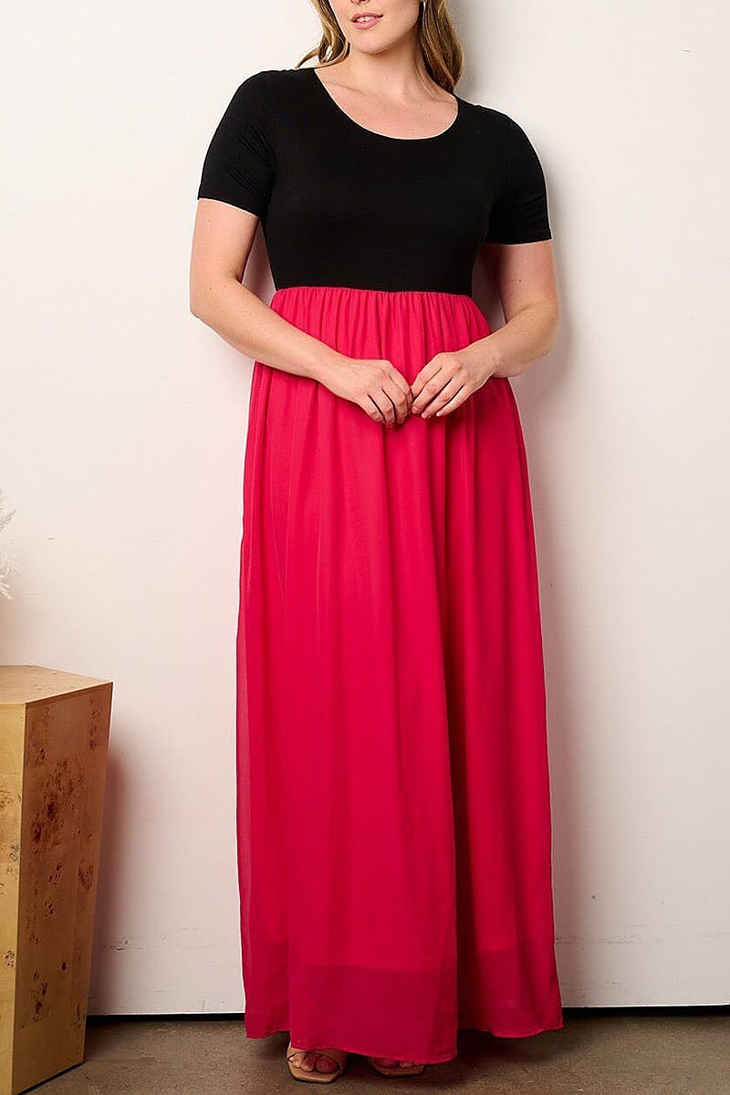 Short sleeve elastic waist colorblock maxi dress (EFWT9120)