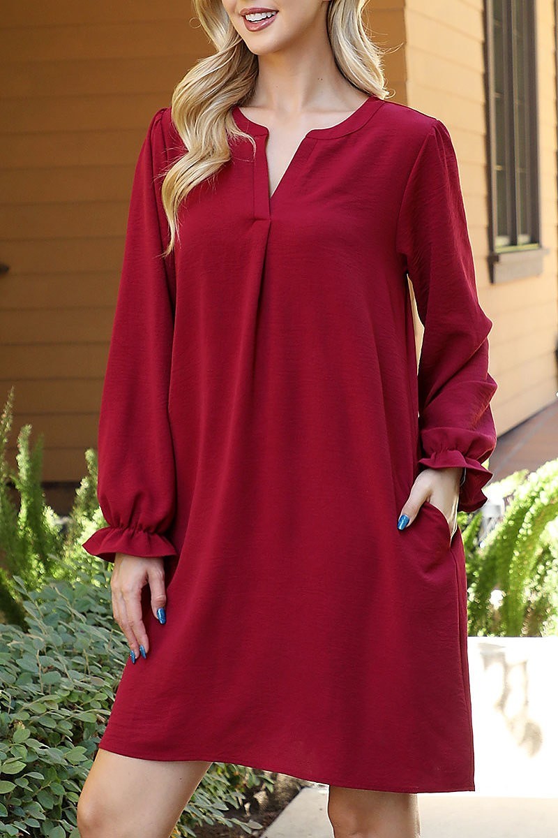 Collared neckline woven long sleeve dress (DED8839)