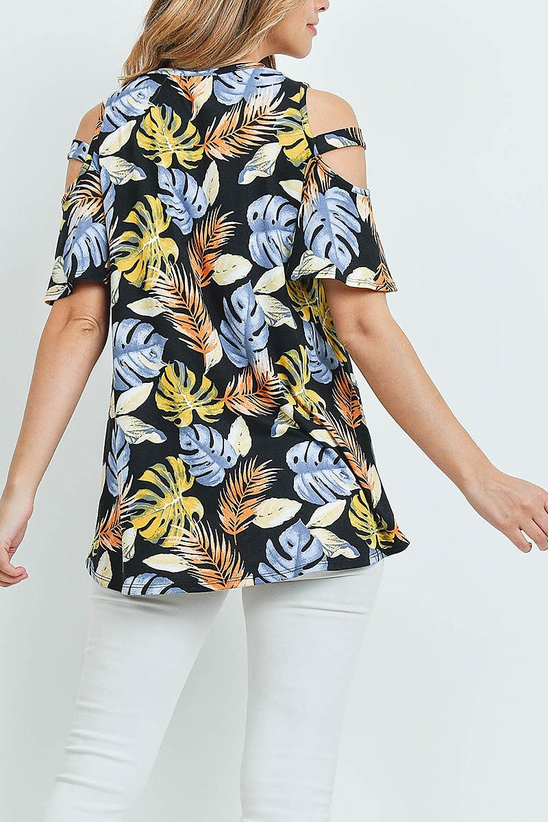 Tropical print cutout sleeve top (ED9260)