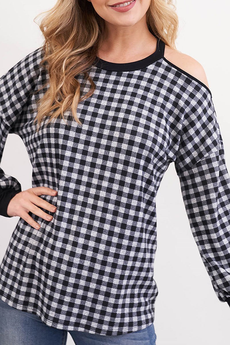 Plaid long sleeve cold shoulder top (EF2757)