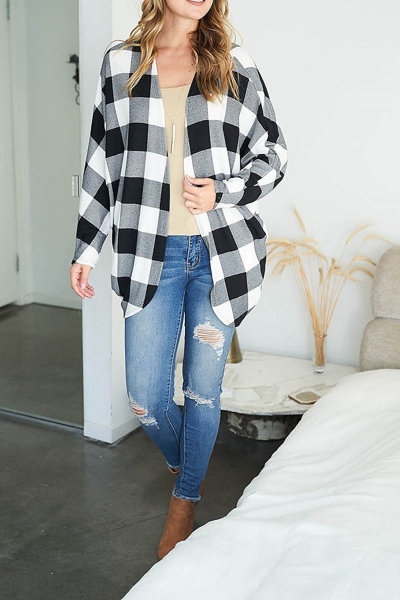 Long sleeve plaid open front cardigan (EF2375)