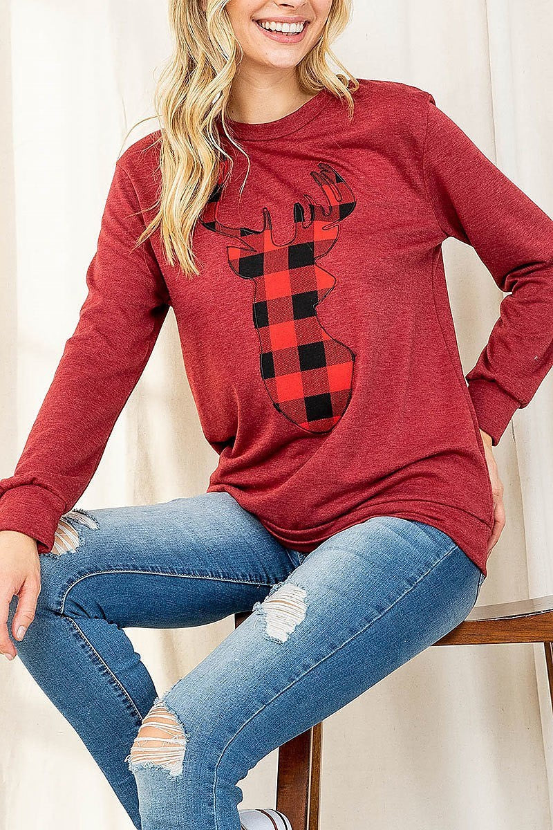 French terry long sleeve plaid reindeer print top (EF2506)