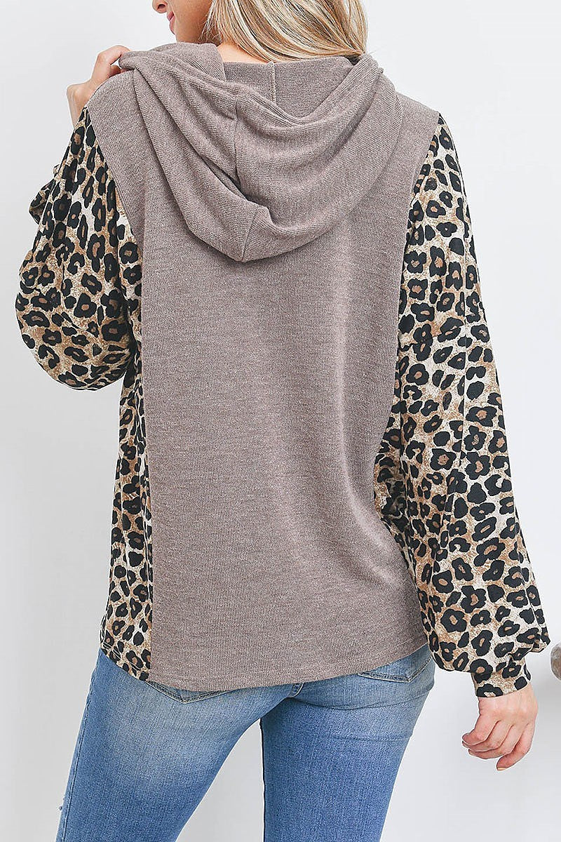 Leopard sleeve side contrast hoddie with self tie (EF2887)