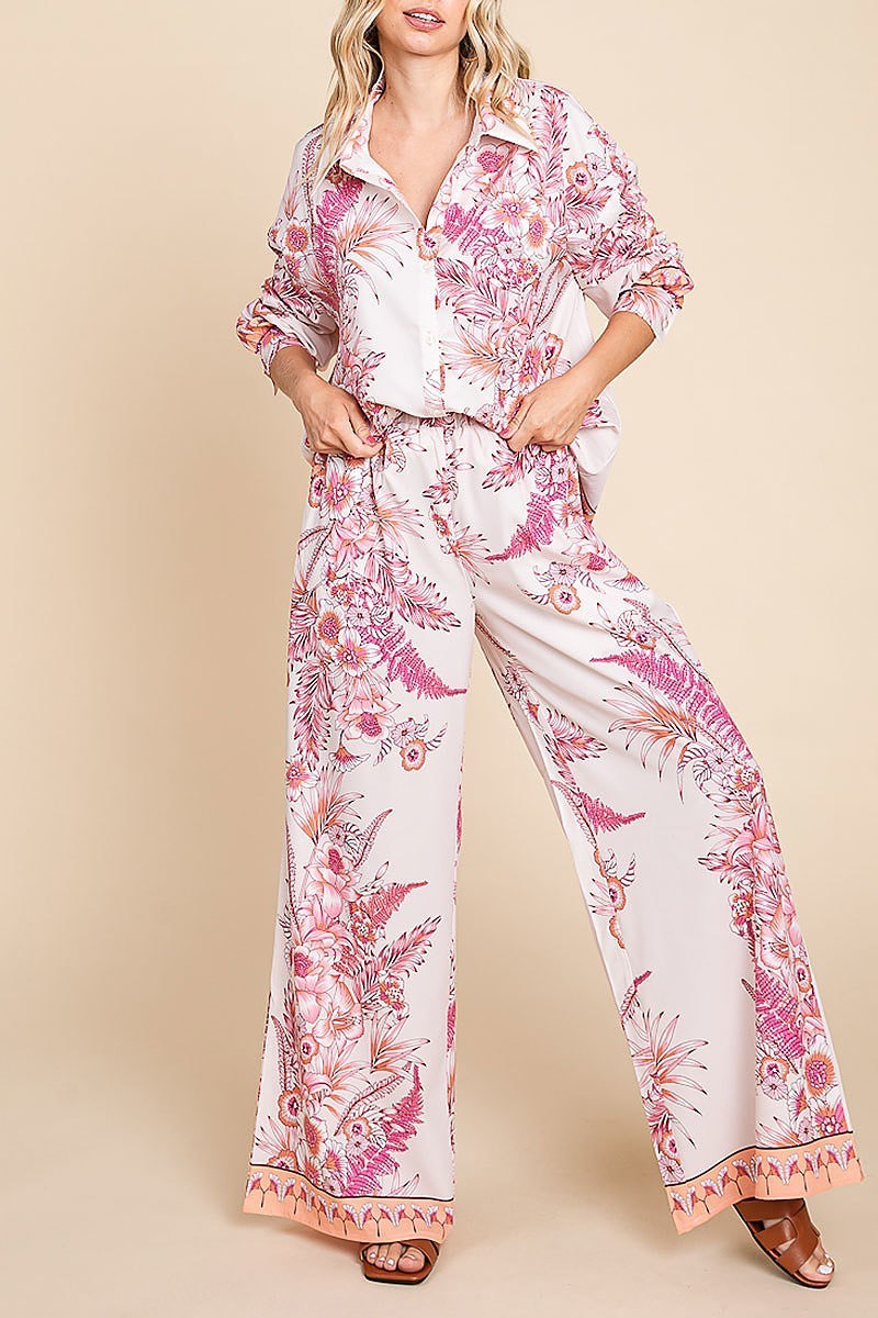 Floral button down shirt and wide leg pants set (EDH1541)