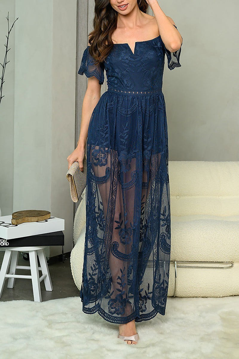 Off shoulder all over lace maxi dress (EDWT6146)