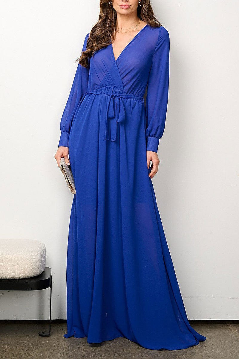 Long sleeve elastic waist surplice mesh maxi dress (EFWT6916)