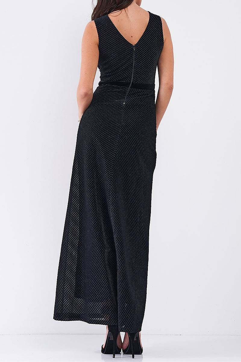 Sleeveless v neck striped velvet waistband detail fitted maxi dress (TDG7758-2)