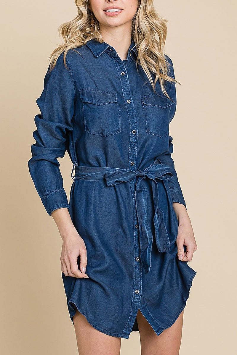 Chambray button-down collared dress with waist tie (EDH1633)