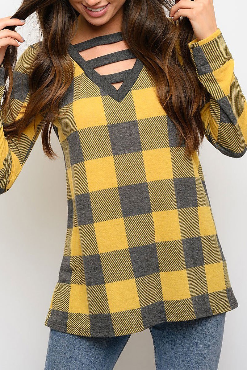 Tunic plaid print long sleeve top (EDWT3301)