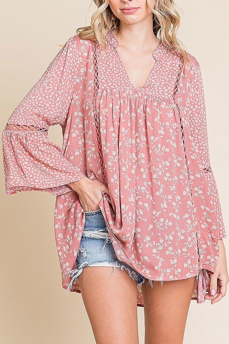 Print blocked v-neck tunic w/ 3/4 sleeves (EDH1931)