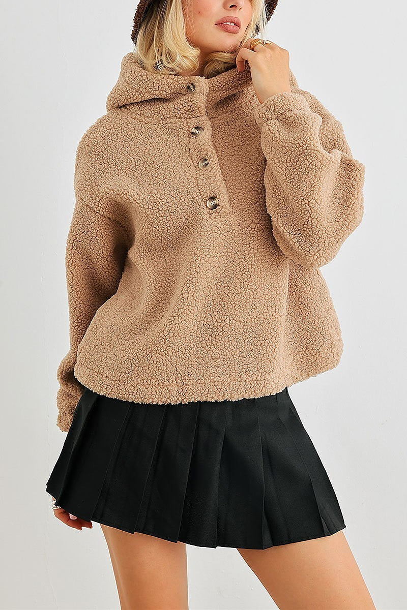 Teddy knit button up pocket hodded sweater (TED2054)