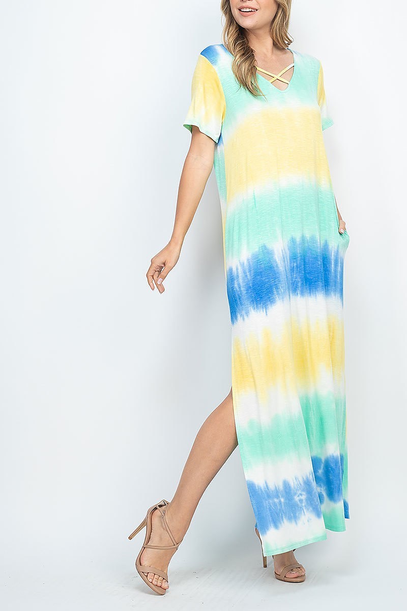 Tie dye crisscross neck maxi pocket dress (DED6709)