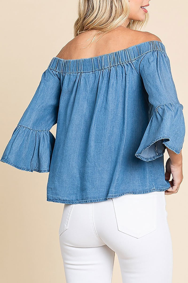 Chambray elastic off shoulder top (EDH1637)