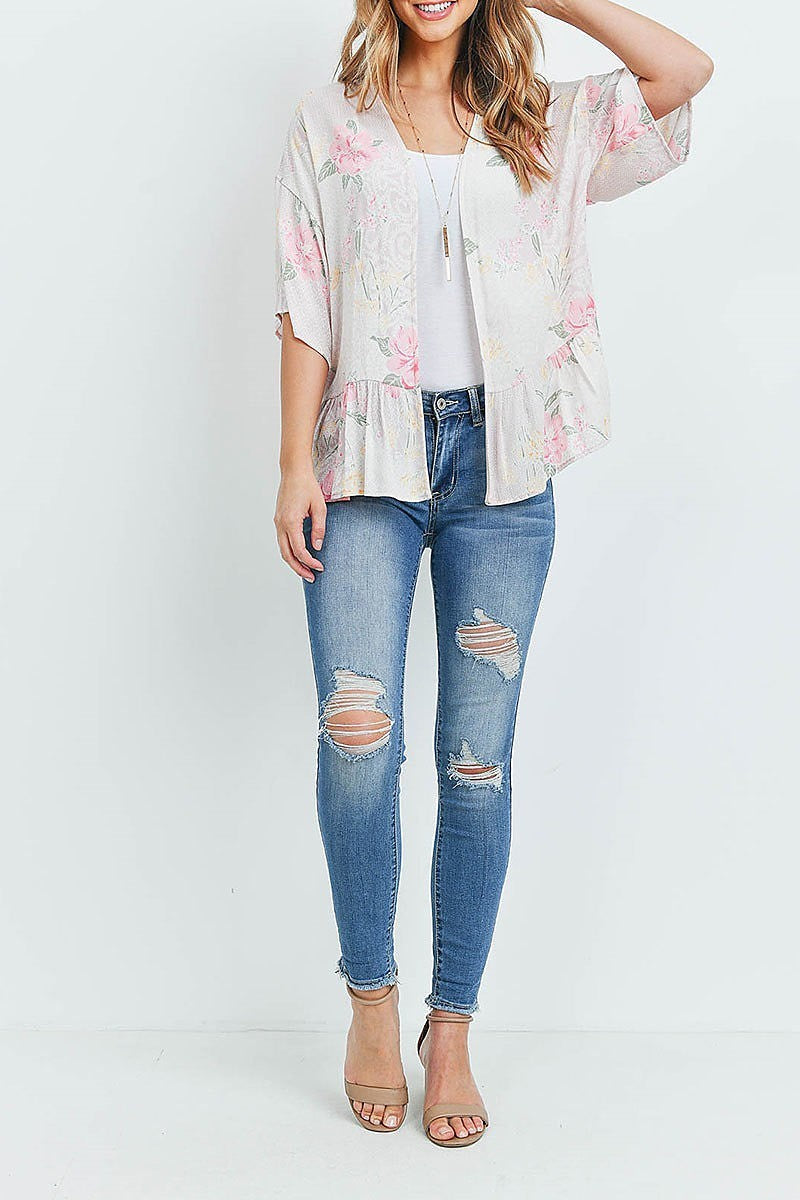 Ruched peplum detail floral print kimono cardigan (ED8756)