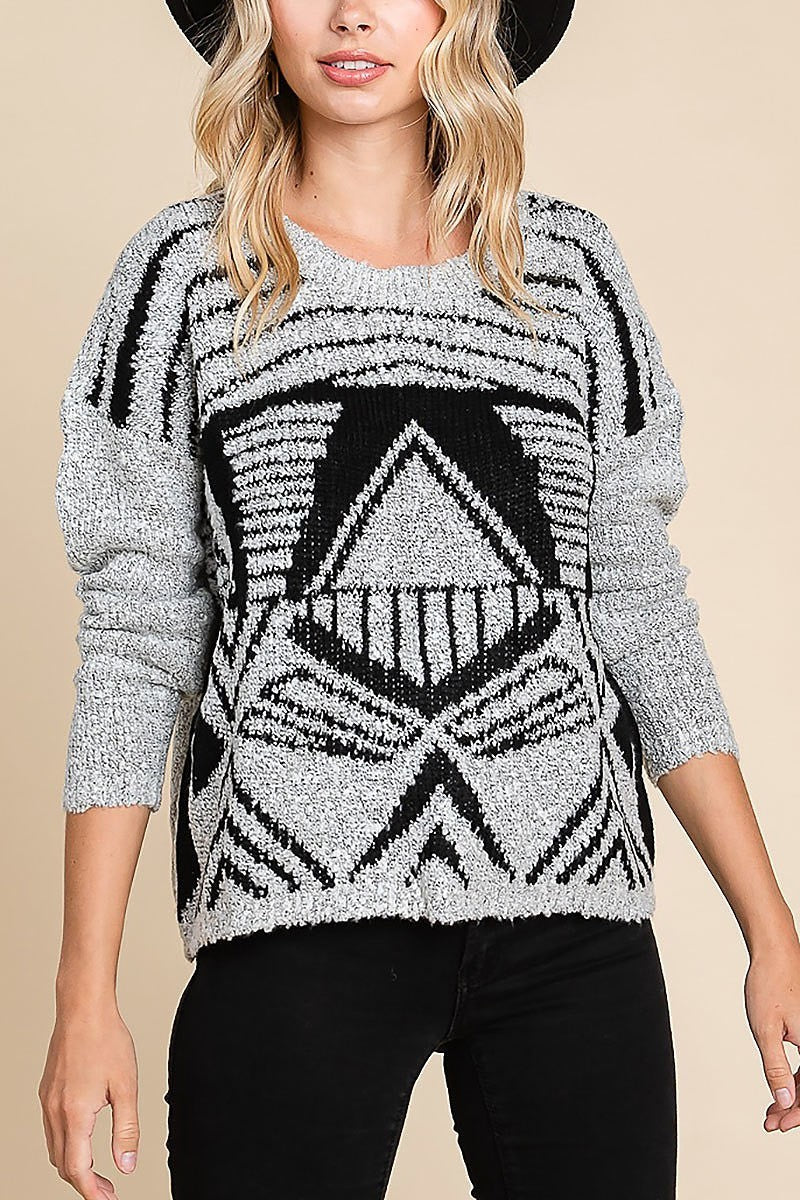 Geometric pattern round neck pullover (EDH1628)