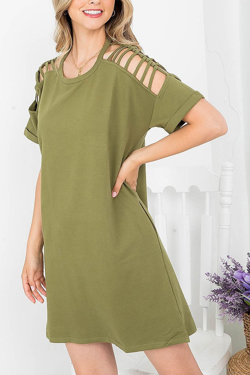 Terry cutout shoulder pocket dress (DED7513)