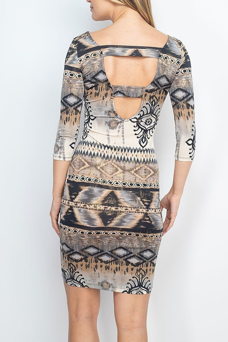 Open back tribal print body con dress (DED6423)