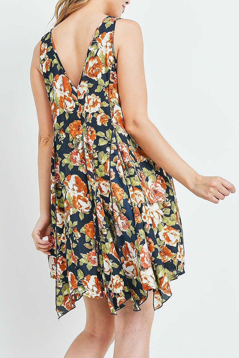 V neck floral print asymmetrical hem flare dress (DED6157)