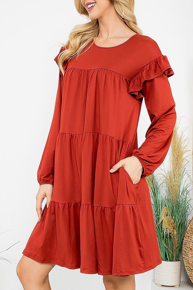 Long sleeve ruffle detail solid dress (DED8851)