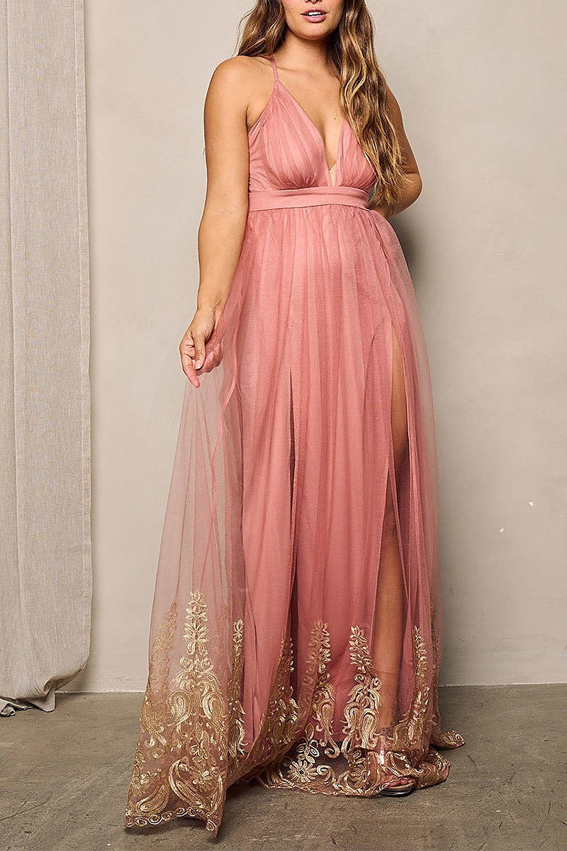 Sleeveless v-neck mesh detailed maxi dress (EFWT4356)