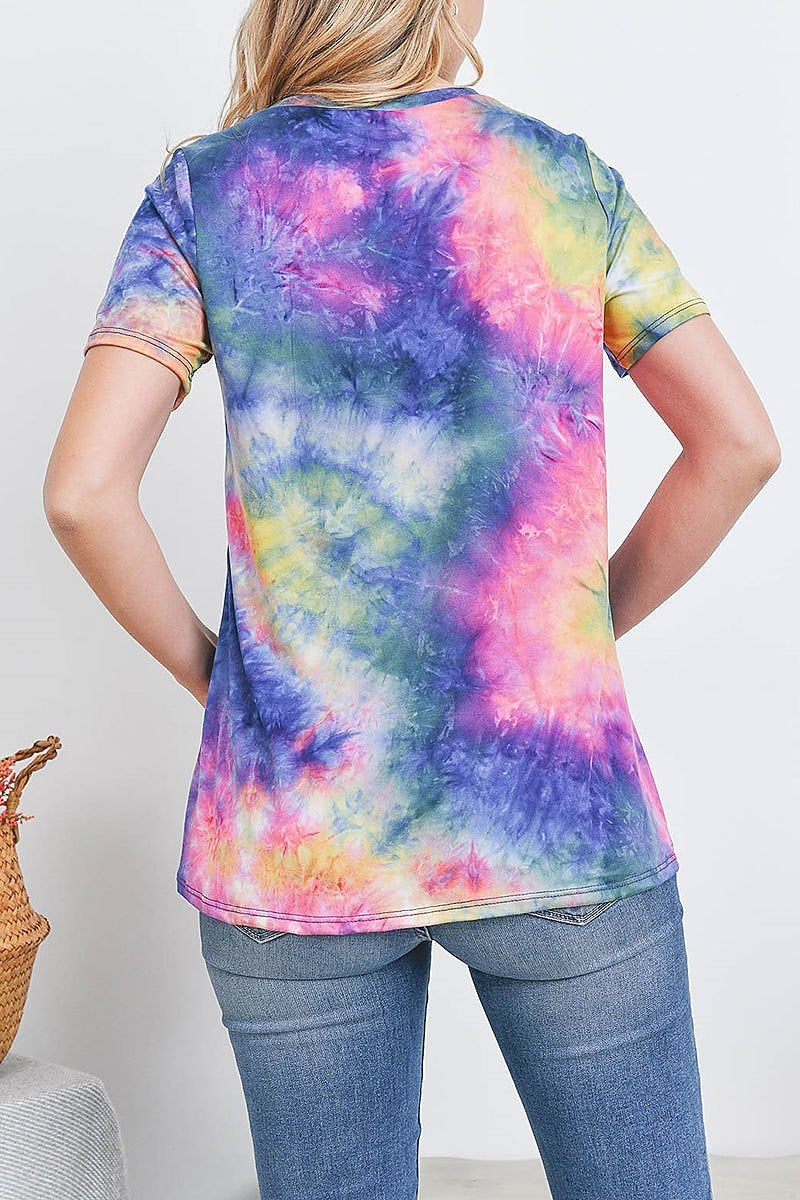 Tie dye keyhole v neck top (EF3242)