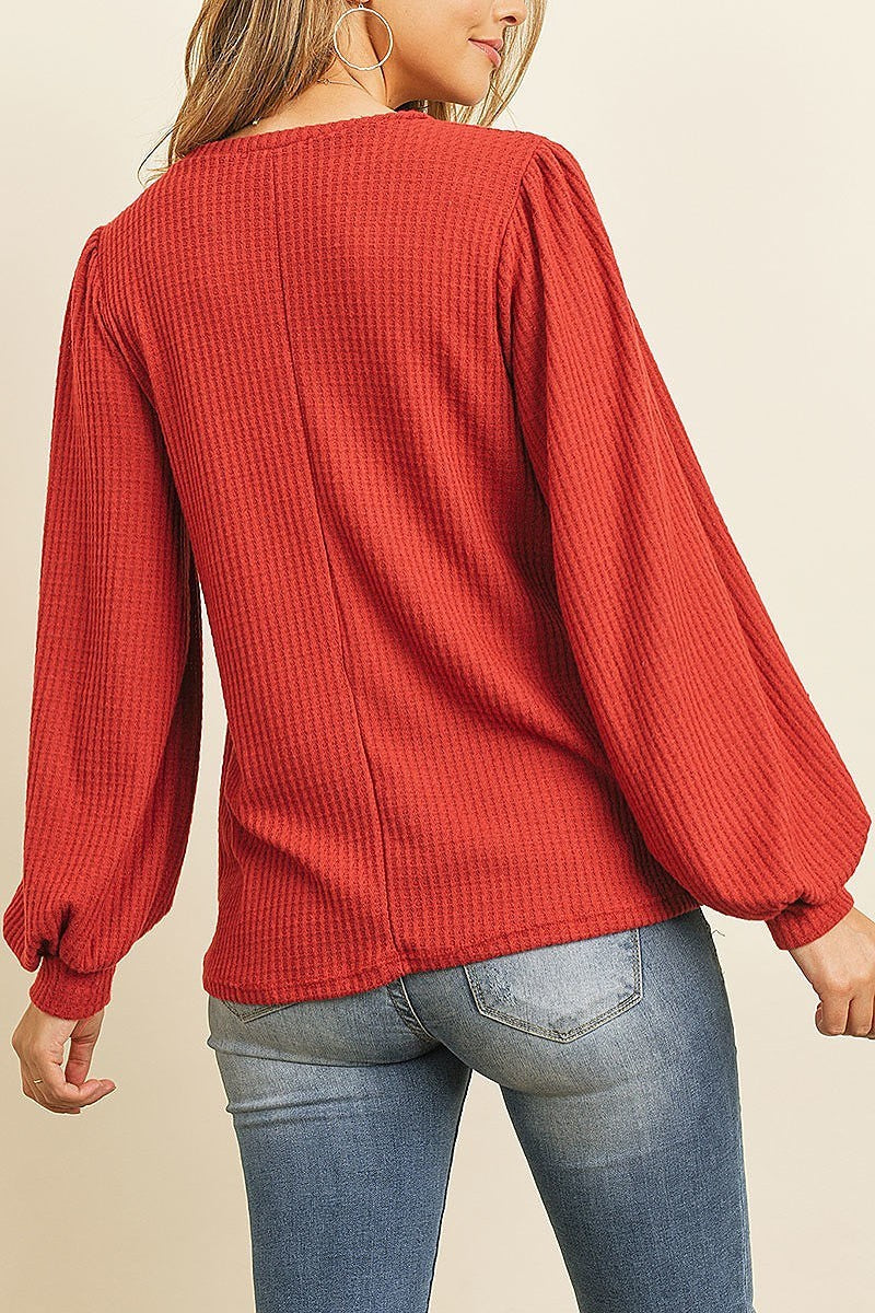 Long puff sleeve round neck waffle brushed loose fit top (ED8100-8)