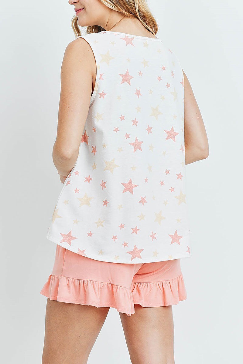 Star print tank top and shorts set with self tie (ED9108)