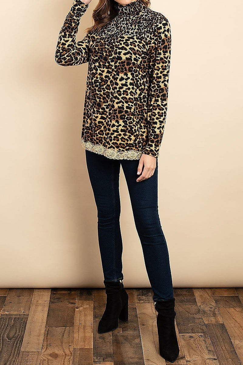 Long sleeve mock neck lace trim hem animal print blouse top (DGS4992-2)