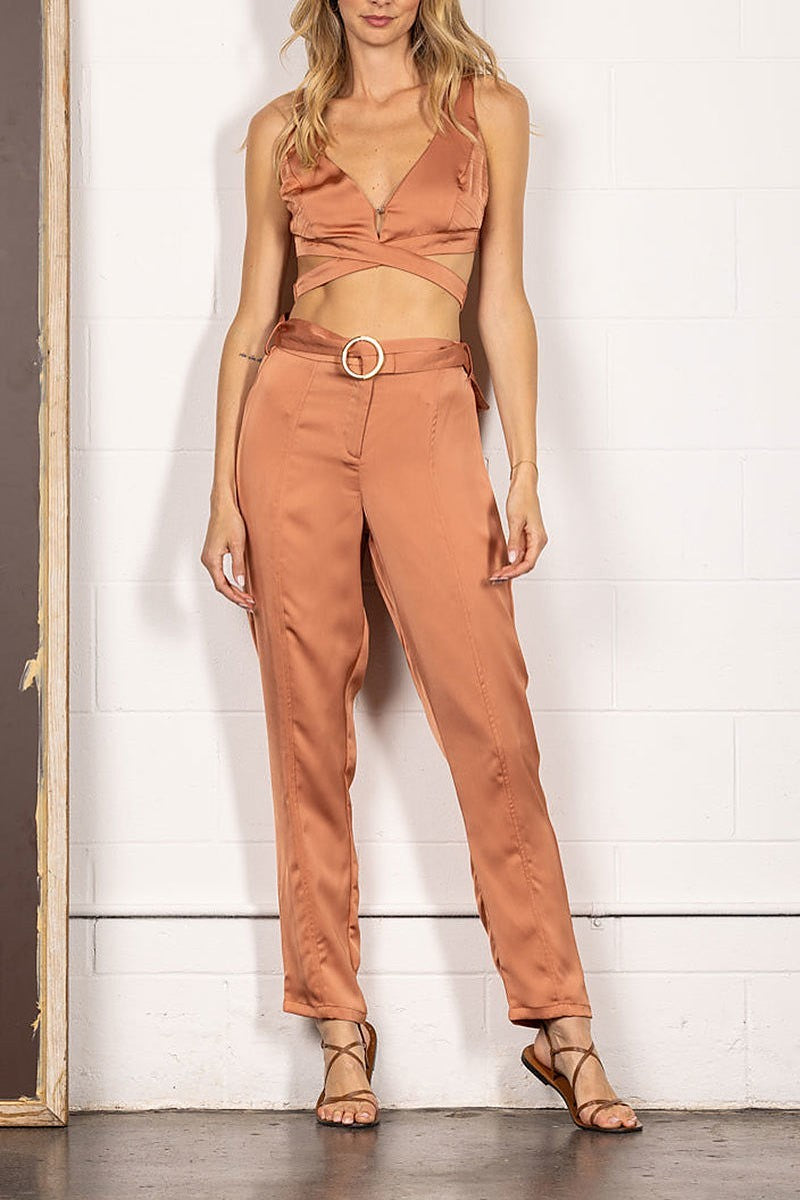 Solid waist flare crop top and pants set (EDSW4272)