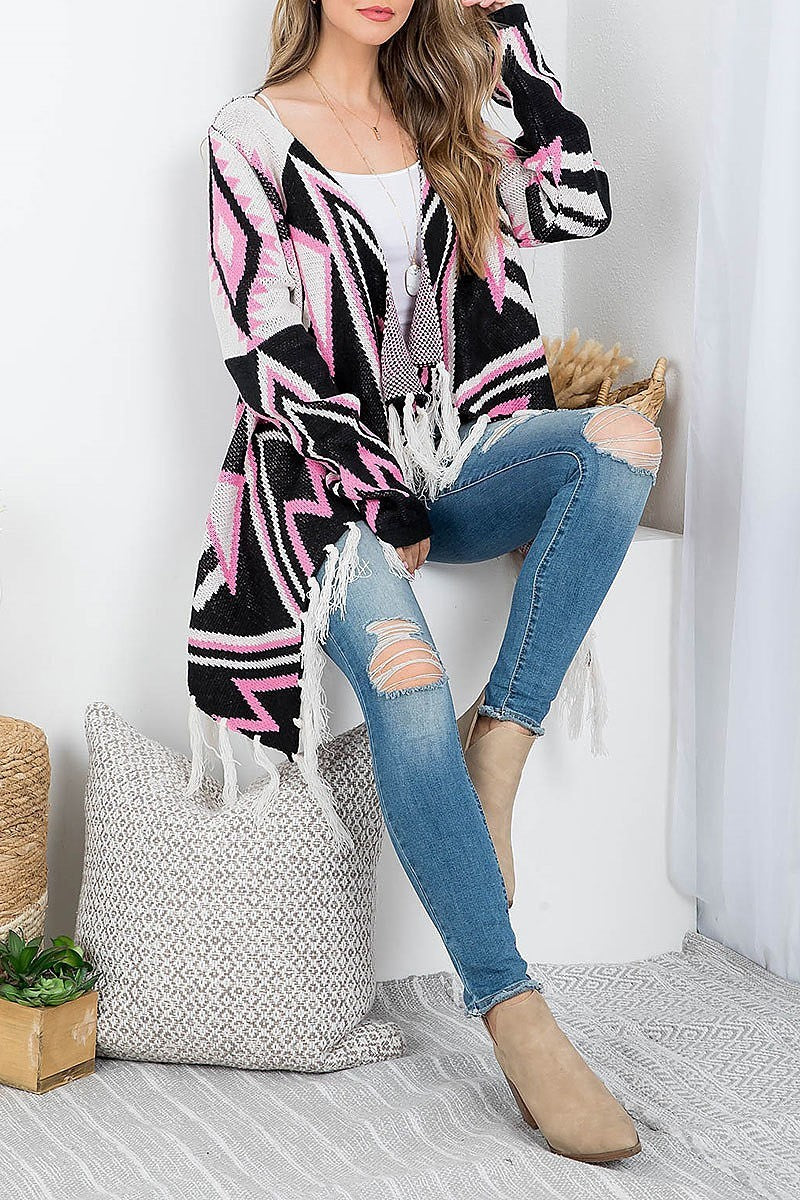 Tribal print open front with fringe cardigan (DGS5711)