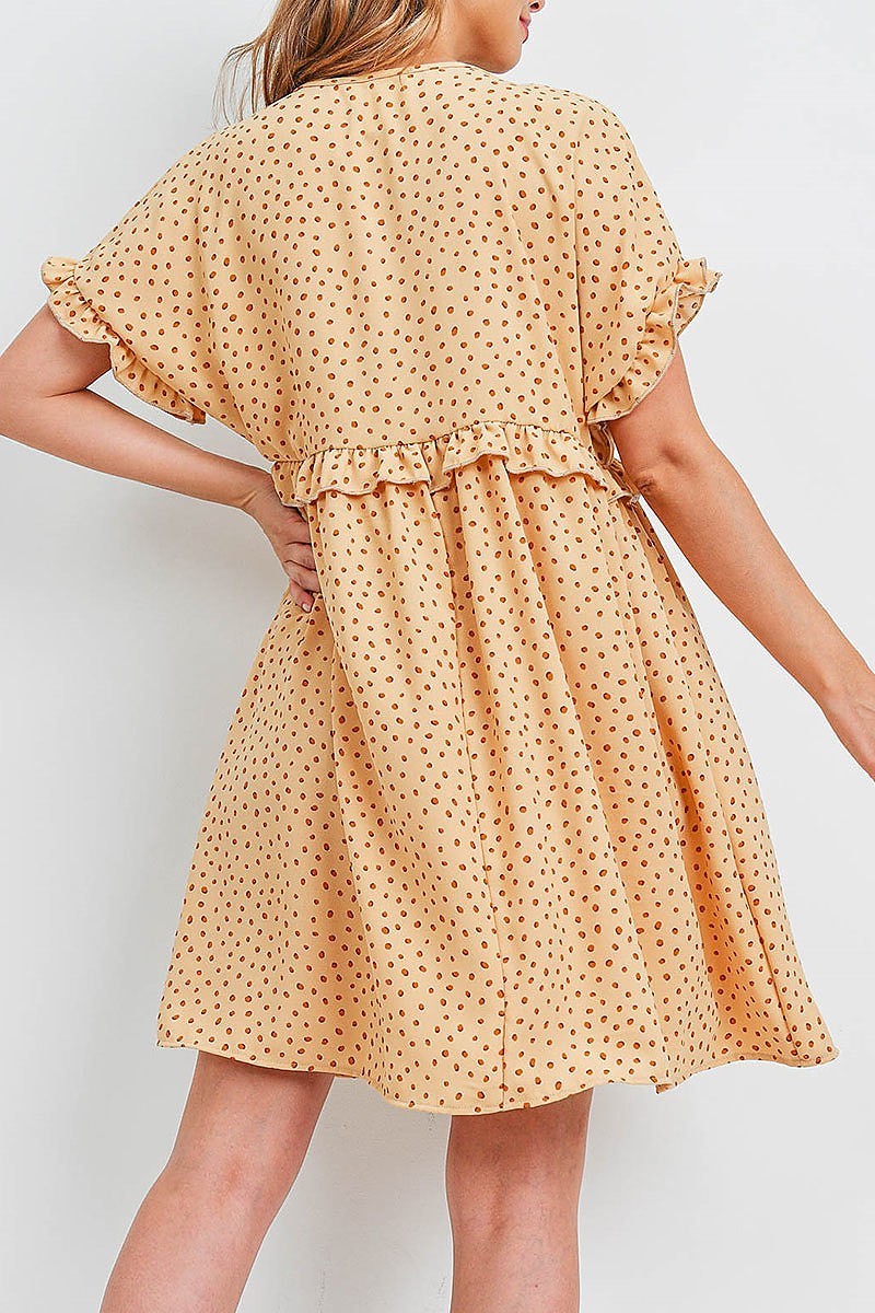 Ruffle detail baby doll dotted print dress (DED6505)