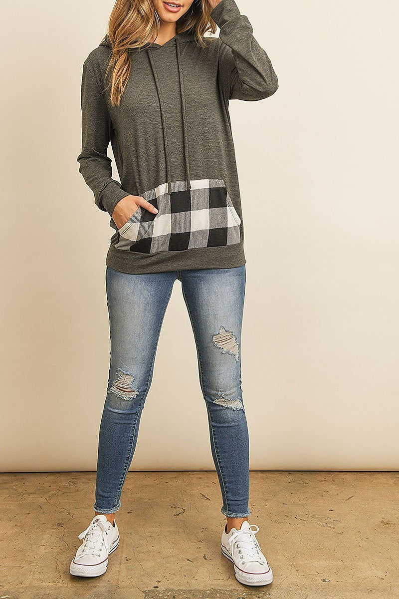 Plaid pocket contrast hoodie with drawstrings (ED8226-1)