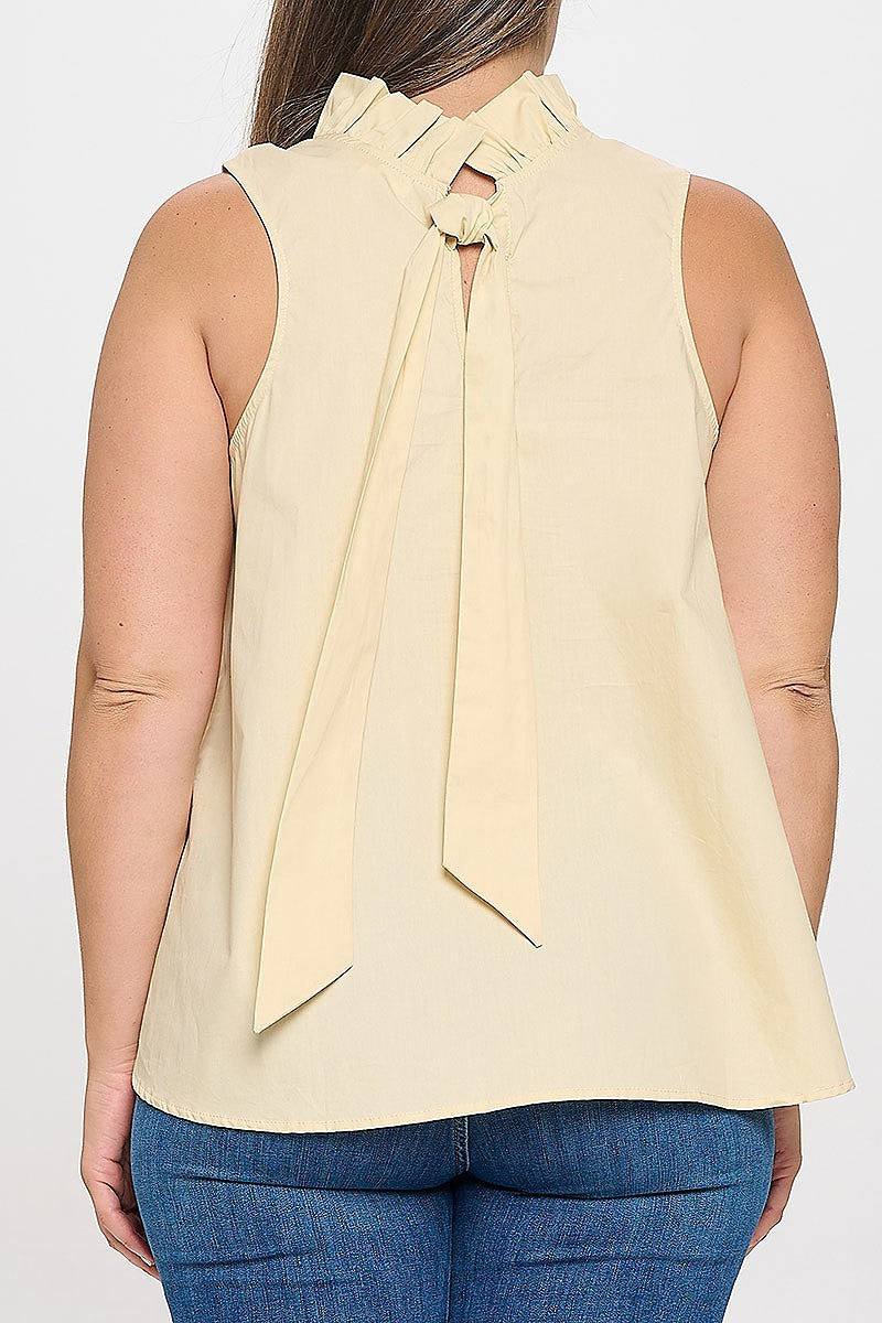 Plus size sleeveless ruffle neck solid top (XDG8259)