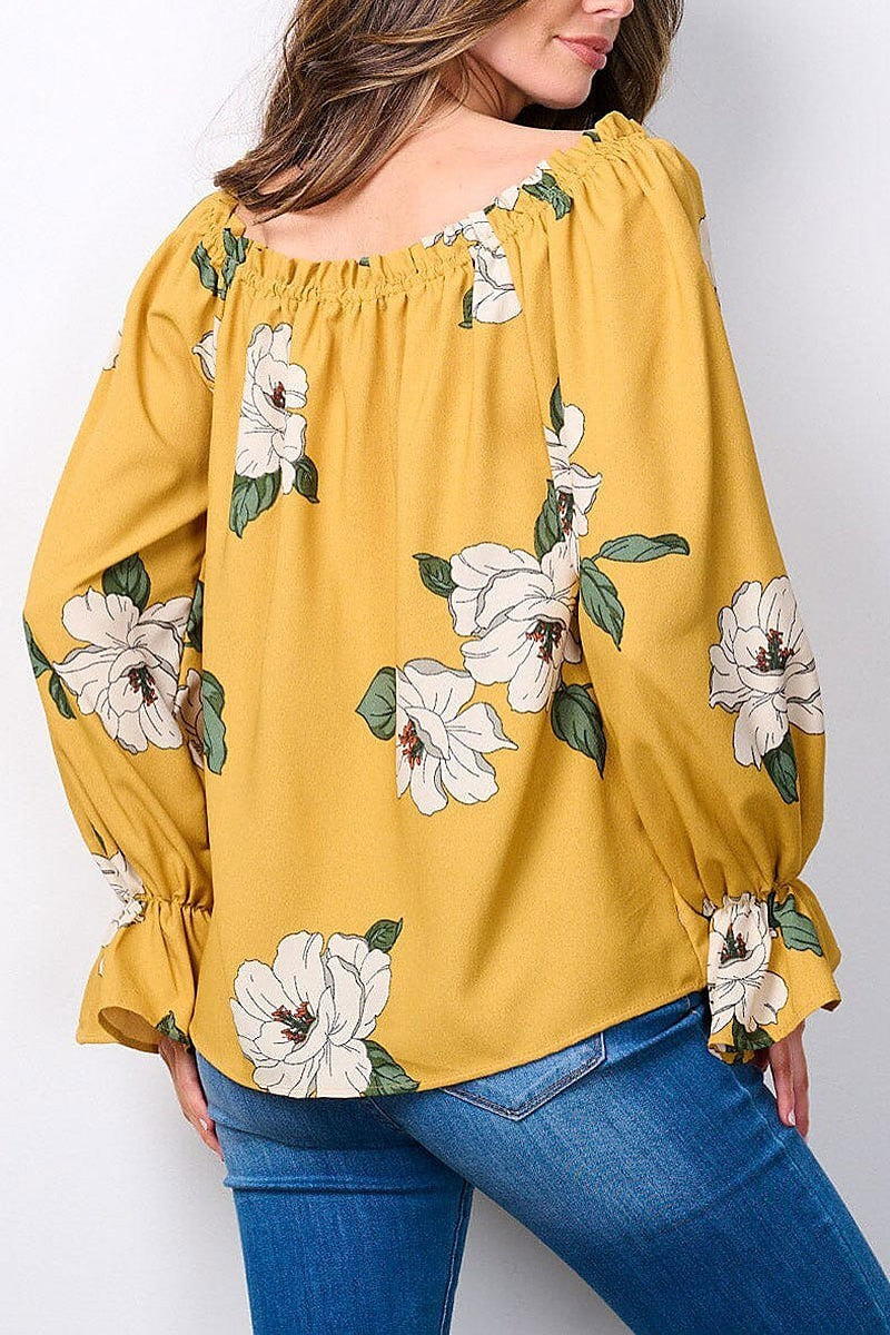 Long sleeve elastic neck floral blouse top (EFWT7481)