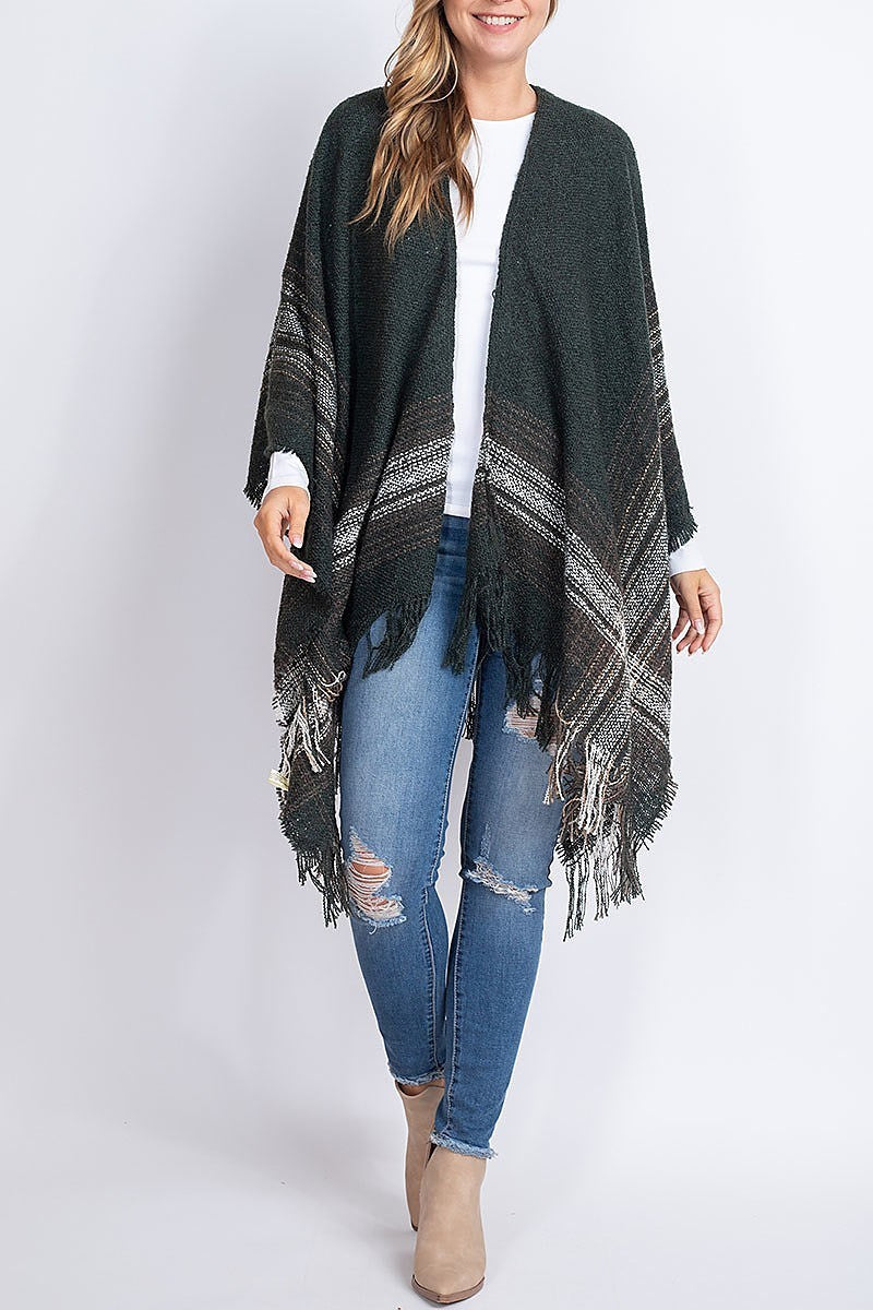 Multi plaid fringe kimono wrap (DGS5412)