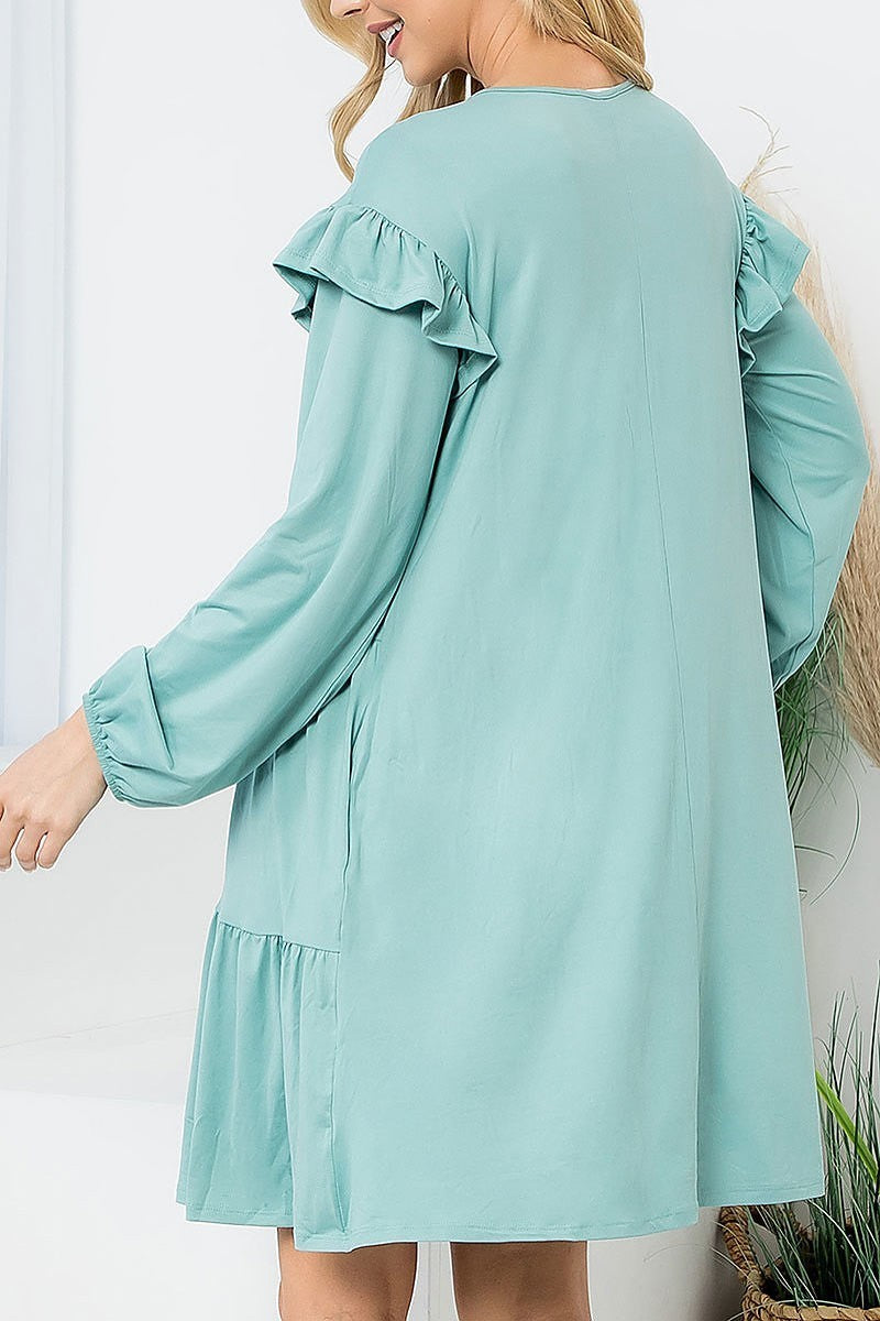 Long sleeve ruffle detail solid dress (DED8851-2)