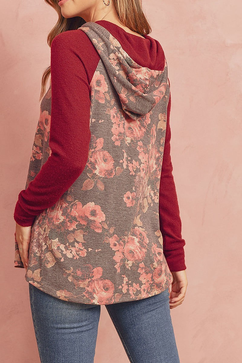 Floral hacci sleeved contrast hoodie with drawstrings (ED8158-59)