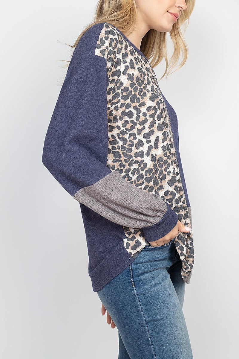 Long sleeve leopard contrast rib top (EF1967-1)