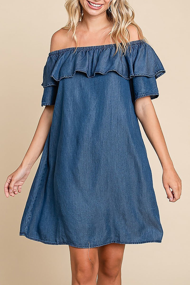 Chambray off-shoulder frilled neckline mini dress (EDH1629)