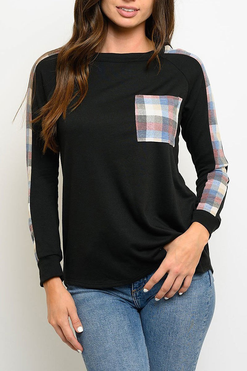 Plaid long sleeve front pocket top (EDWT3177)