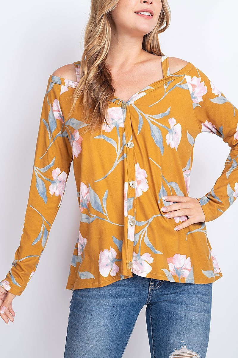 Off shoulder floral print button front top (EF1911)