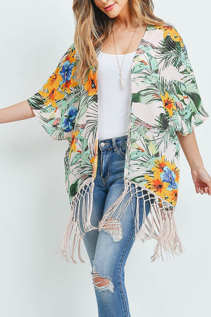 Fringe detail floral print kimono (ED9057)