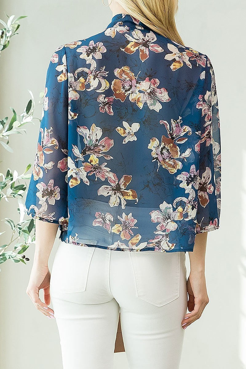 Floral print tie neck loose fit top (EF3935)