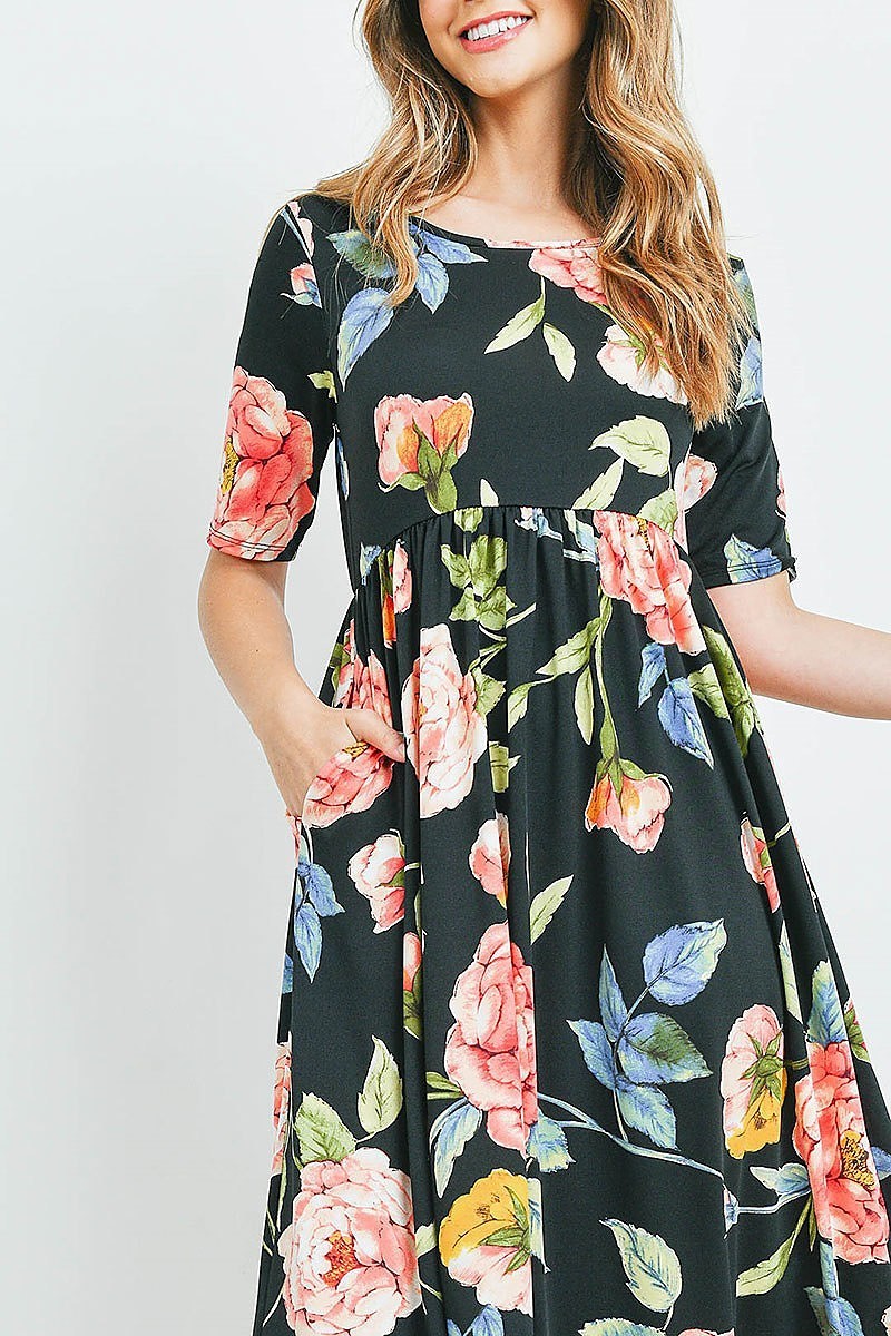 Empire waist floral print side pocket midi dress (DED6358)