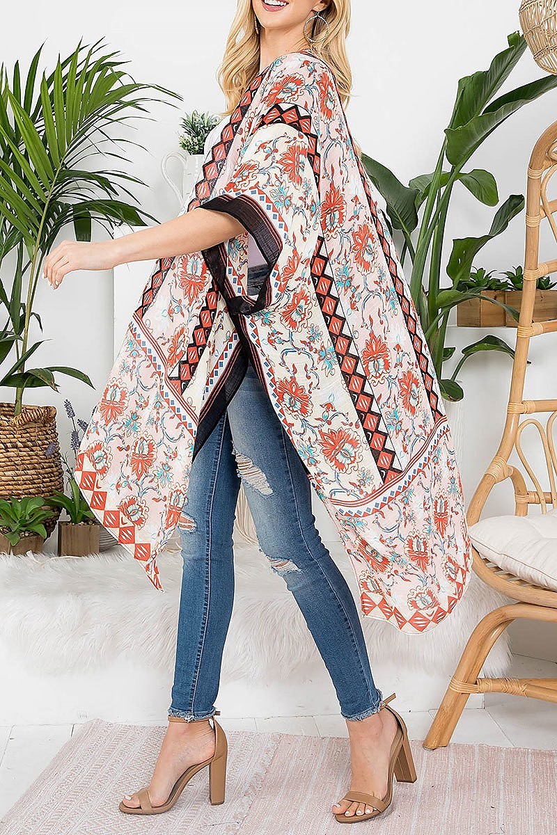 Floral print knee length boho kimono (EF3444)