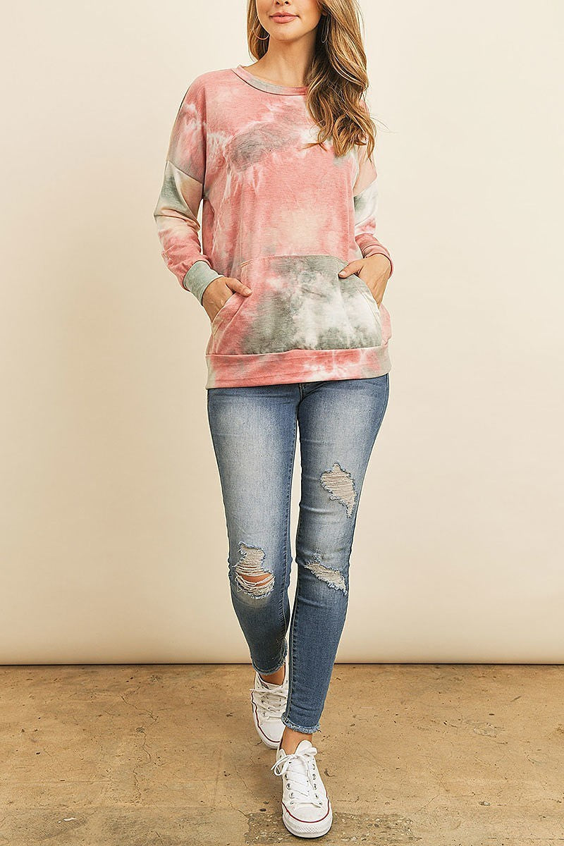 Fleeced french terry tie dye pullover with kangaroo pockets (ED8381-1)