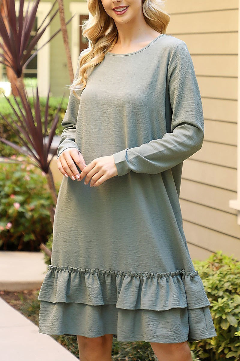 Long sleeve flat merrow detail hem woven dres (DED8891)