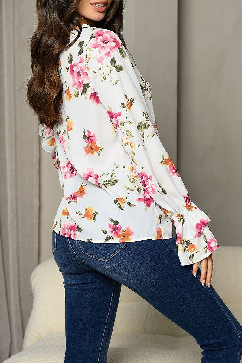 Long bell sleeve ruffle floral tunic top (EDWT6881)