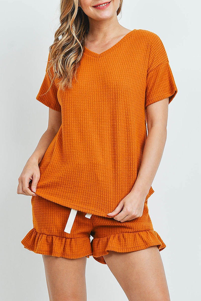 Waffle top and shorts set with self tie (ED9247)