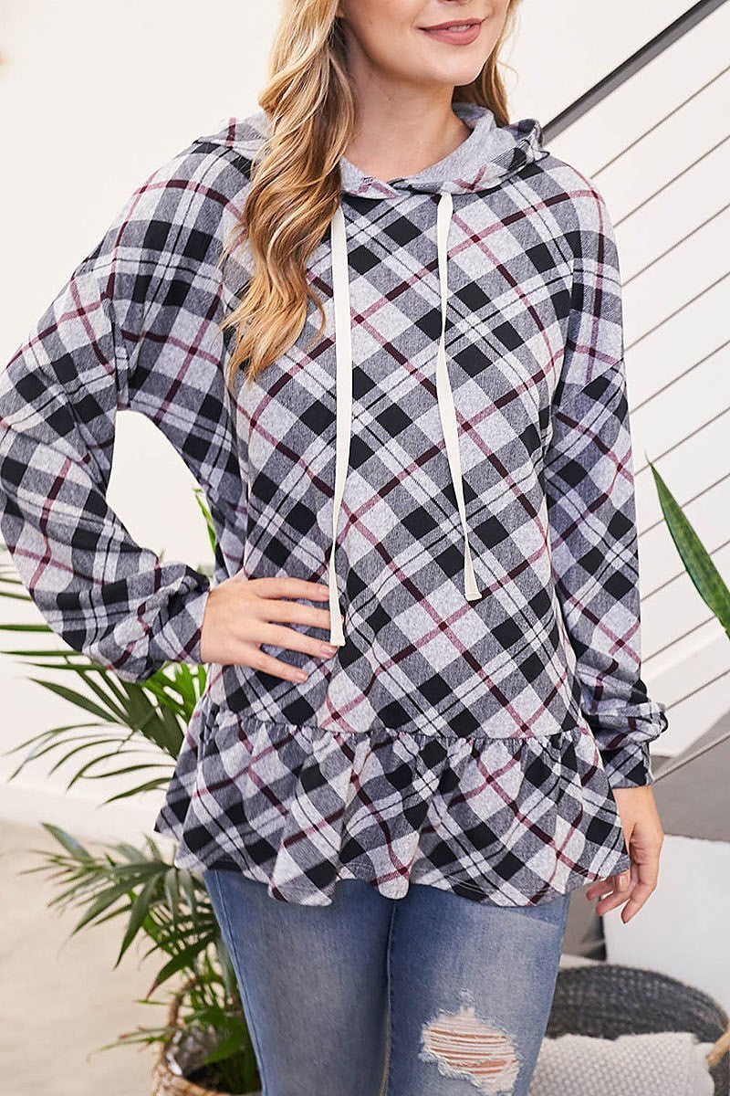 Plaid puff sleeve ruffle hem self tie hoodie (EF2474)